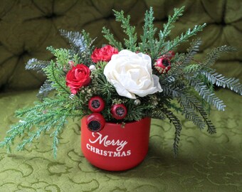 Holiday Sola Wood Floral Arrangement Premium Ivory + Red Roses + Poppy in Merry Christmas Pot with Pearls and Pine Home Decor Gift