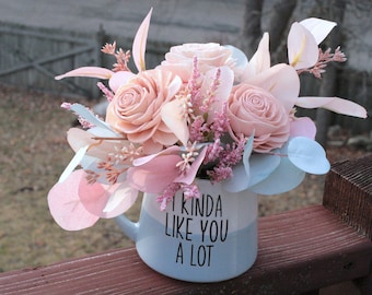 Sola Wood Flowers Valentine's Day Arrangement in I Kinda Like You Mug Pink Roses Blue Eucalyptus home Decor gift personalized card included