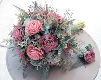 Sola Wood Bridal Bouquet + Groom boutonniere set Rose Quartz Desert Rose and Sage Fall wedding flowers READY TO SHIP + custom available