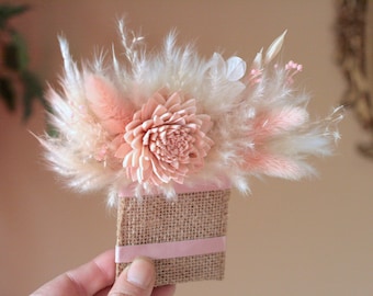 Wood Flower Pocket Corsage Boutonniere Sola Zinnia + Dried Natural Pampas Grass White Pink Bunny Tails Blush groom