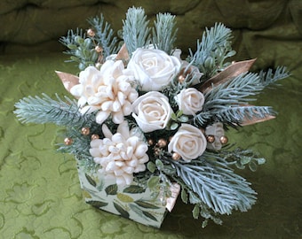 Holiday Sola Wood Floral Arrangement Ivory Roses + Dahlias in patterned paper box with pine + gold accents Home Decor Gift