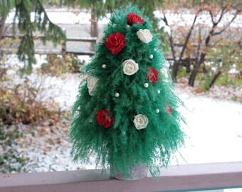 Holiday Pampas Grass Christmas Tree with Sola Wood Flowers and pearls Ivory + Red Roses in Cement pot Home Decor Gift Dried Fluffy Green