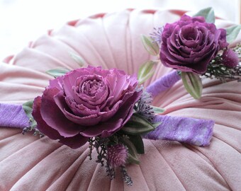 Wood Flower Snap Bracelet Wrist Corsage and Boutonniere Set Bright Purple Rose with Thistle and Heather