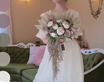 Sola Wood Bridal Bouquet + Groom boutonniere set Mauve Ivory Sage Green Palm Fan Draping Boho cascade flowers READY TO SHIP peonies heather