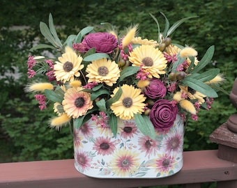 Large Fall Sola Wood Flowers Arrangement in metal Planter Sunflowers and Mulled Wine Roses Olive bunny tails home Decor gift yellow thistle