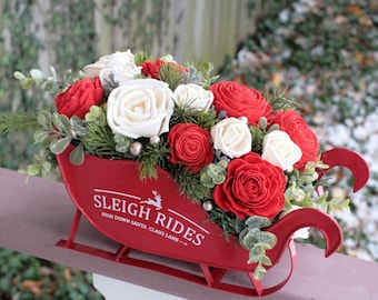 Holiday Sola Wood Floral Arrangement Ivory + Red Roses in Metal Sleigh with Metallic Gold Berries Sparkle Eucalyptus Pine Home Decor Gift