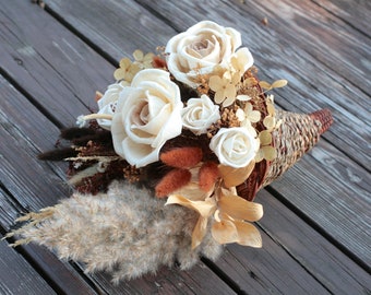 Wood Flowers Neutral Cornucopia Arrangement Roses Dried Grasses Preserved Hydrangeas Pampas Brown Tan Cream Wall Hanging Tablescape Decor