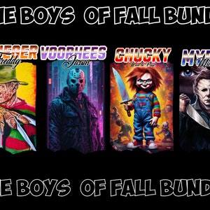 May include: The Boys of Fall Bundle graphic featuring Freddy Krueger, Jason Voorhees, Chucky, and Michael Myers. Each character is depicted in a colorful, detailed illustration. The text "The Boys of Fall Bundle" appears at the top and bottom of the image.