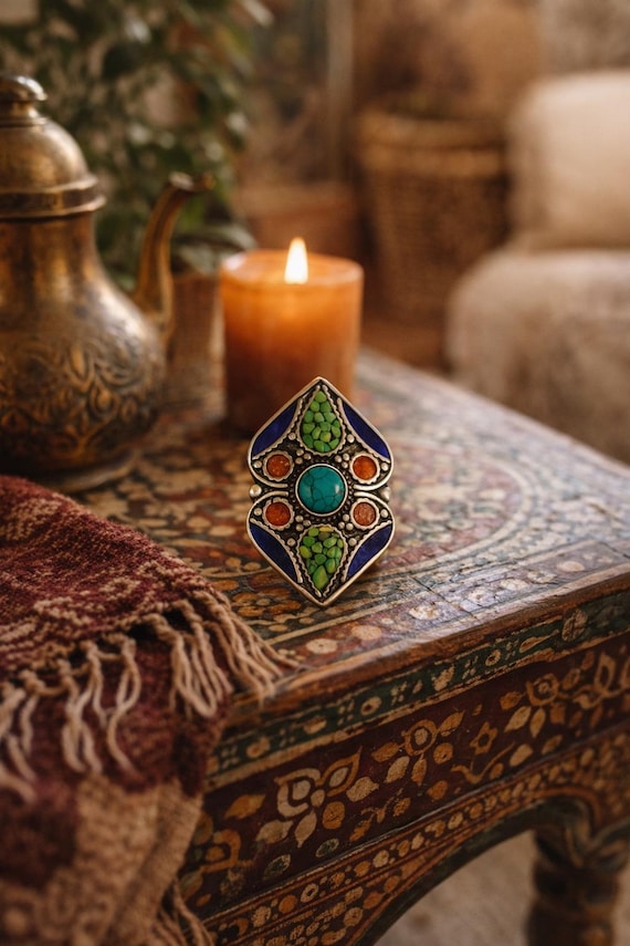 Vintage Bohemian Multistone w. Inlay Statement Ri… - image 1