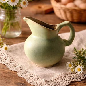 May include: A small, light green ceramic pitcher with a handle and spout, resting on a beige linen napkin with a lace trim. The pitcher is surrounded by daisies in a glass jar and a basket of eggs.