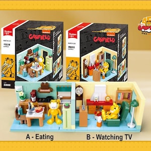 May include: Two Garfield-themed building block sets. One shows Garfield eating, the other watching TV. The boxes feature the Garfield logo and illustrations of the scenes. The bottom section shows the completed builds.