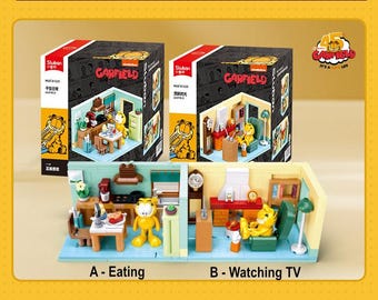 May include: Two Garfield-themed building block sets. One shows Garfield eating, the other watching TV. The boxes feature the Garfield logo and illustrations of the scenes. The bottom section shows the completed builds.