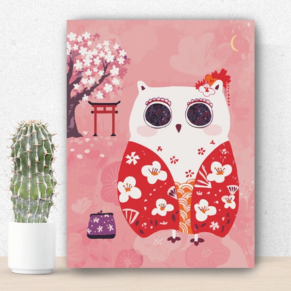 Owl Series by Graphic Designer & Illustrator Nico: Japanese Kimono Owl - 30x40cm Pre-stretched on Frame Paint By Numbers DIY Kit for adults