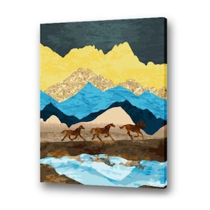 May include: Abstract painting of a mountain range with a blue, yellow and brown colour scheme. Three brown horses run across the foreground of the painting.