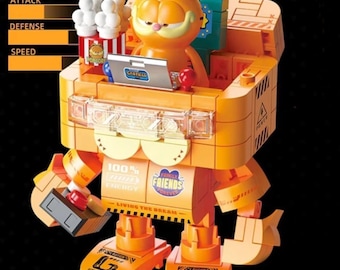May include: An orange Garfield robot toy made of interlocking blocks. The robot has a laptop, popcorn, and the words "Family Friends Forever" and "Living the Dream" printed on it. The robot's attack, defense, and speed are also displayed.