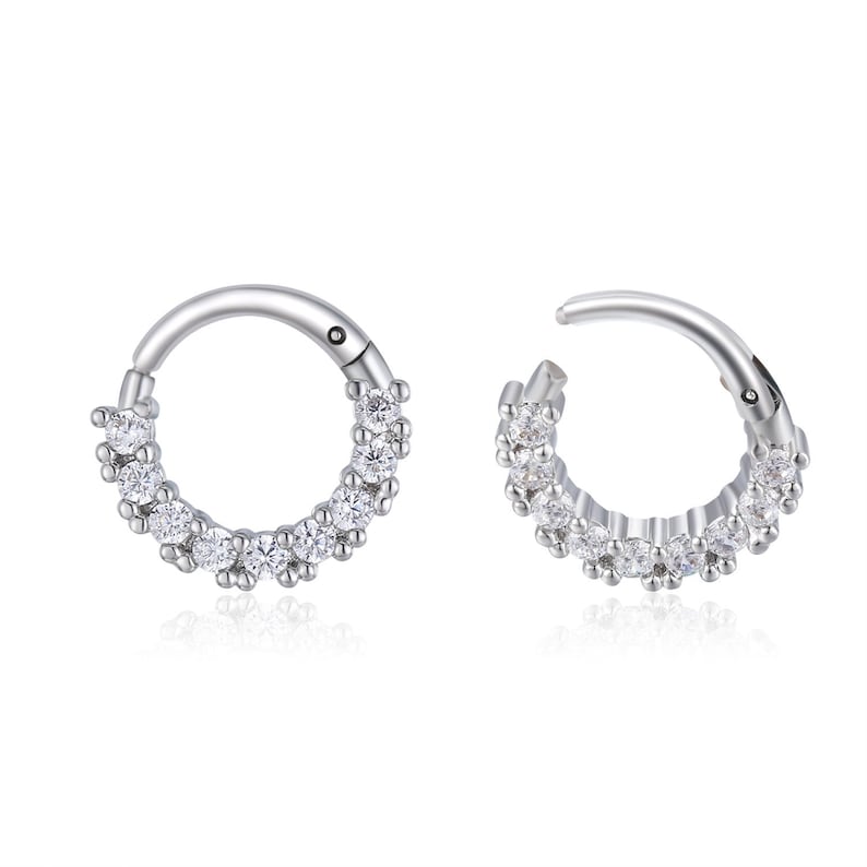 18ga Sterling Silver Clicker paved clear CZ hoop Cartilage Tragus Helix Studs second hole piercing