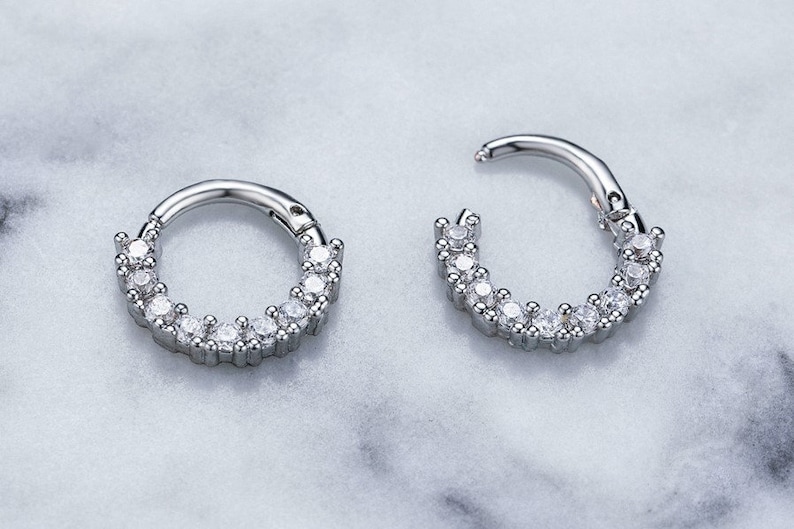 18ga Sterling Silver Clicker paved clear CZ hoop Cartilage Tragus Helix Studs second hole piercing
