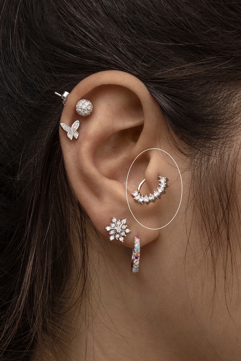 18ga Sterling Silver Clicker paved clear CZ hoop Cartilage Tragus Helix Studs second hole piercing