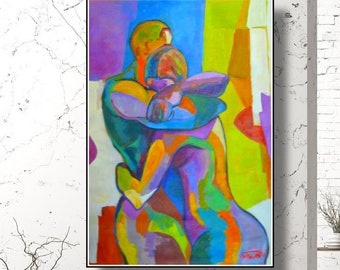 Abstract art, original painting, figurative art, couple hugging, modern painting, large wall decor