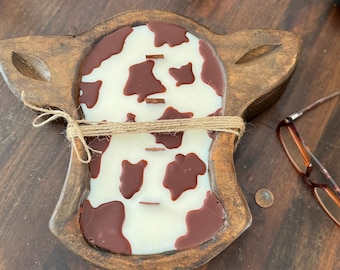 Grande bougie vache avec mèches en bois, bougie de soja, parfum frais, mèche crépitante, décoration rustique, cadeau idéal