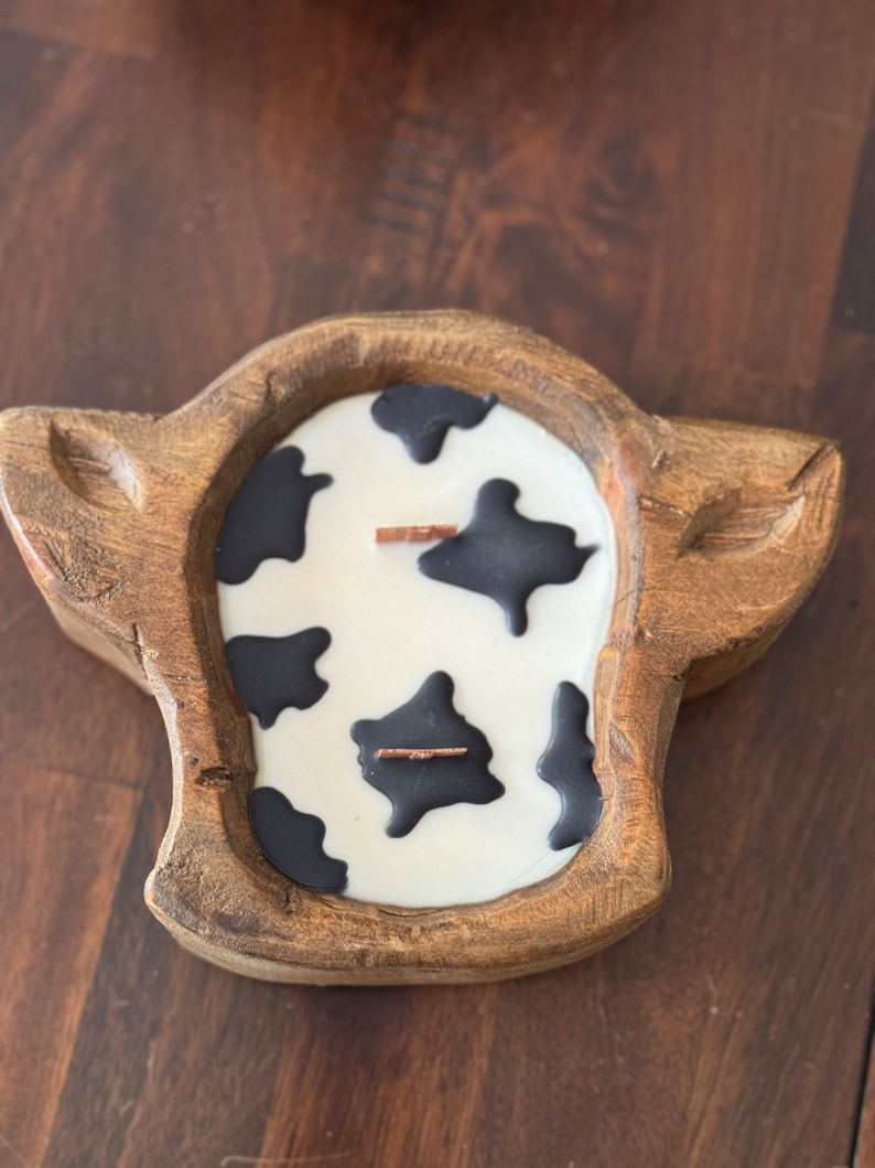 Mini Cow Head Dough Bowl Candle, 2 wick candles, Cows rustic Soy wooden bowls farmhouse, western, wedding favor, house warming gift, clean