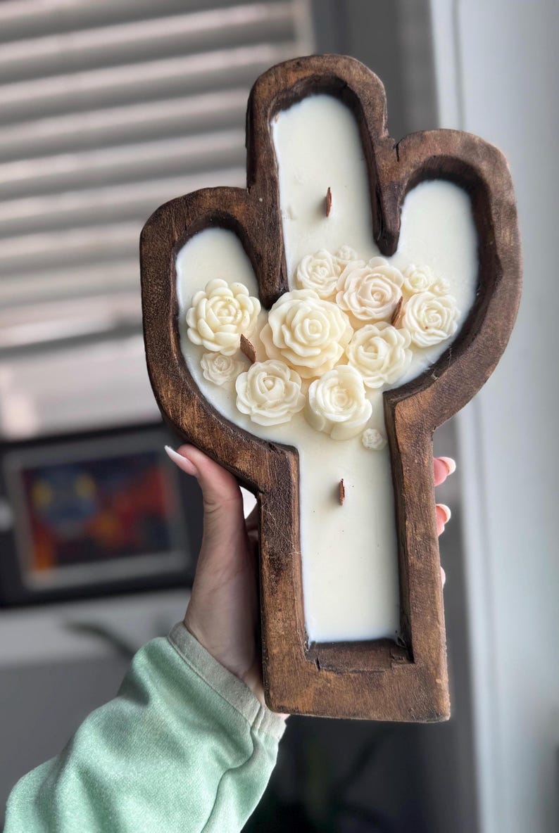 Succulent cactus Dough Bowl Candle crackling wood wick rustic southwest farmhouse western decorations Mother’s Day gift cacti flowers spring