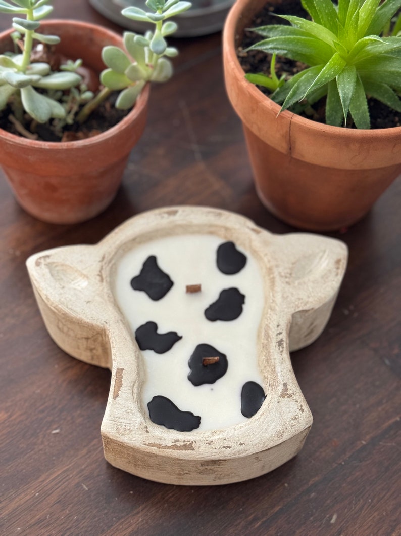 Cow Head Dough Bowl Candle, crackling wick candles Cows rustic Soy wooden farmhouse decor western wedding favor Father’s Day gift Dad ranch