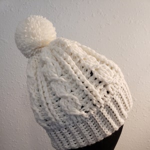 Women&#39;s Soft White Crochet Cable Hat with Small Pom Pom