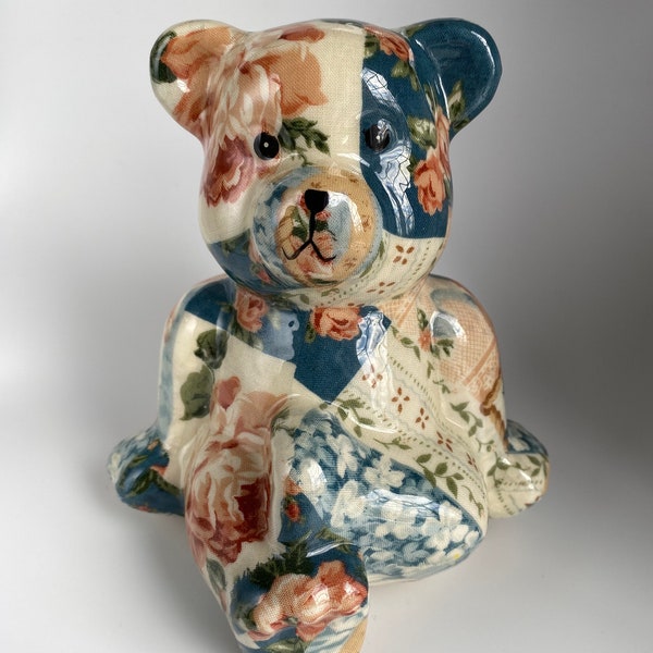 Porcelain Patchwork Teddy Bear Figurine by Joan Baker Designs, 6” Tall, Rare Design