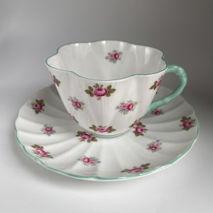 Shelley England Bone China Rosebud #13426 Dainty Tea Cup And Saucer Set From 1950s, Pink Rose Floral Tea Cup And Saucer, Made in England