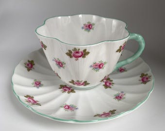 Shelley England Bone China Rosebud #13426 Dainty Tea Cup And Saucer Set From 1950s, Pink Rose Floral Tea Cup And Saucer, Made in England