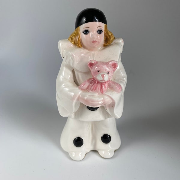 Schmid Pierrot Baby Love Clown With Teddy Bear Figurine by Michel Oks, 1981, 4 3/4”, Home Decor Pierrot Figurine