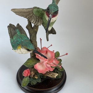 Vintage Country Artists Ruby-throated Hummingbird Pair Figurine With Azalea Flower, Hand Painted And Hand Crafted Hummingbirds Figurine