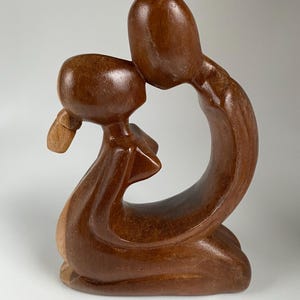 Wooden Hand Carved Kissing Couple Abstract Figurine, Romantic Love Statue, 5.75” Tall