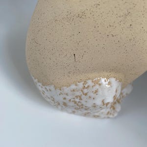 May include: Close-up of a beige ceramic vase with a speckled texture and a white, textured base. The vase has a rounded shape with a smooth, curved opening.