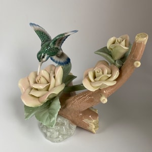 Vintage Hummingbird Tabletop Sculpture, Hummingbird On A Branch And Flowers Figurine Home Decor, Glazed Porcelain, 6” Tall, Rare