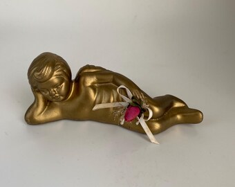 Vintage Bronze Color Angel Figurine. 2” Tall x 4.75” Long, Very Rare