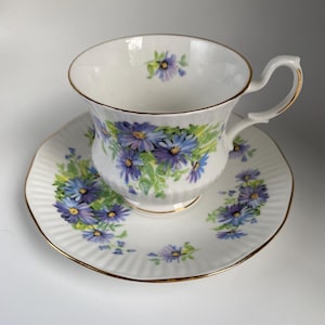 Vintage Royal Dover Bone China Blue Floral Footed Tea Cup And Saucer Set, Made in England