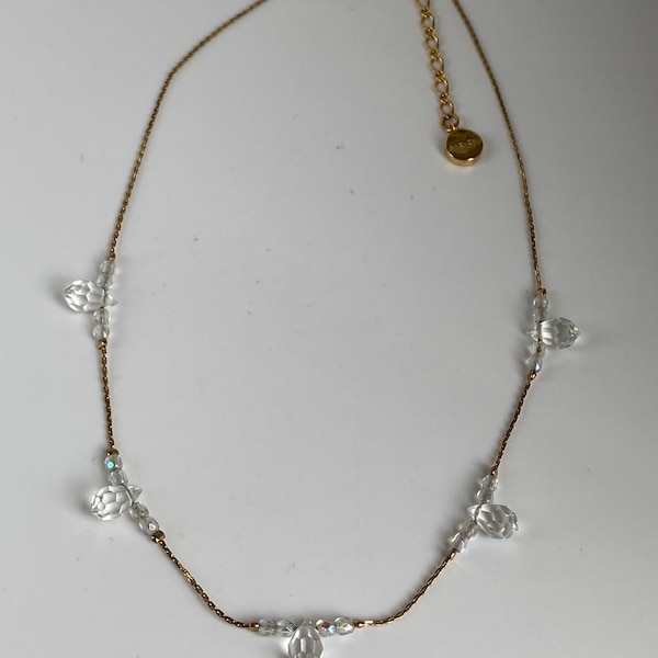 Vintage Givenchy Necklace With Gold Tone Chain With Crystal Chain, Silver Color, Nickel Free, 15”, With Extension 18”