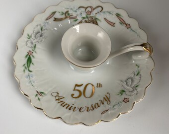 Vintage Lefton China 50th Anniversary Candle Holder, 1984