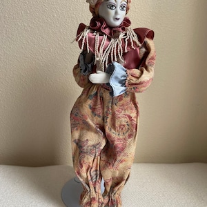 Vintage Musical Dancing French Harlequin Pierrot Jesper Doll With Stand, Smiling Mime Clown Doll, Approx. 15”, Very Rare, Read Description