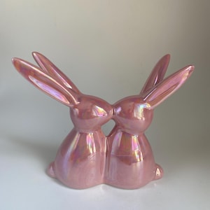 Miniature Pink Ceramic Kissing Bunnies Home Decor, Rabbits Home Decor, 2.75” Tall, Rare