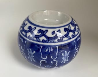 Blue And White Porcelain Round Tea-light Candle Holder, 2.75” Tall