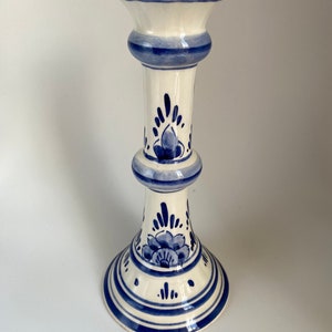 Vintage Delft Blue And White Hand Painted Candlestick Holder, Made in Holland, 8” Tall
