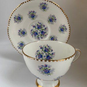 Vintage Gladstone Bone China Forget-Me-Not Tea Cup And Saucer Set, Floral Footed Tea Cup And Saucer, Made in England