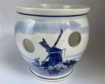 Vintage Delft Holland Hand Painted Blue & White Windmill Pattern Bulb Planter With Holes, 4.75” Tall, READ Description