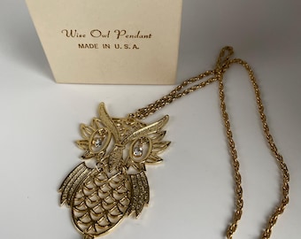 Gold Tone With Clear Eyes Owl Pendant With Moving Parts Necklace, 23” Chain, Made in USA