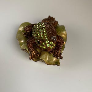 Frog On Lily Pad Bejeweled Enameled Hinged Trinket Box, 2.25” Tall