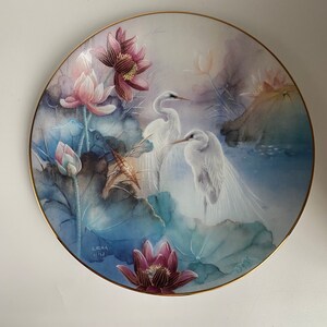 Vintage “The Egrets” Plate By Lena Liu, Fourth Issue On Wings of Snow Collection Plate, 1991, Fine Porcelain Wall Art Home Decor, 8 3/8”