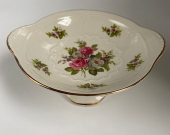 Vintage Old Foley Staffordshire Harmony Rose Pattern Candy Dish, Footed Floral Candy / Nut Dish With Handle, Made In England, Very Rare